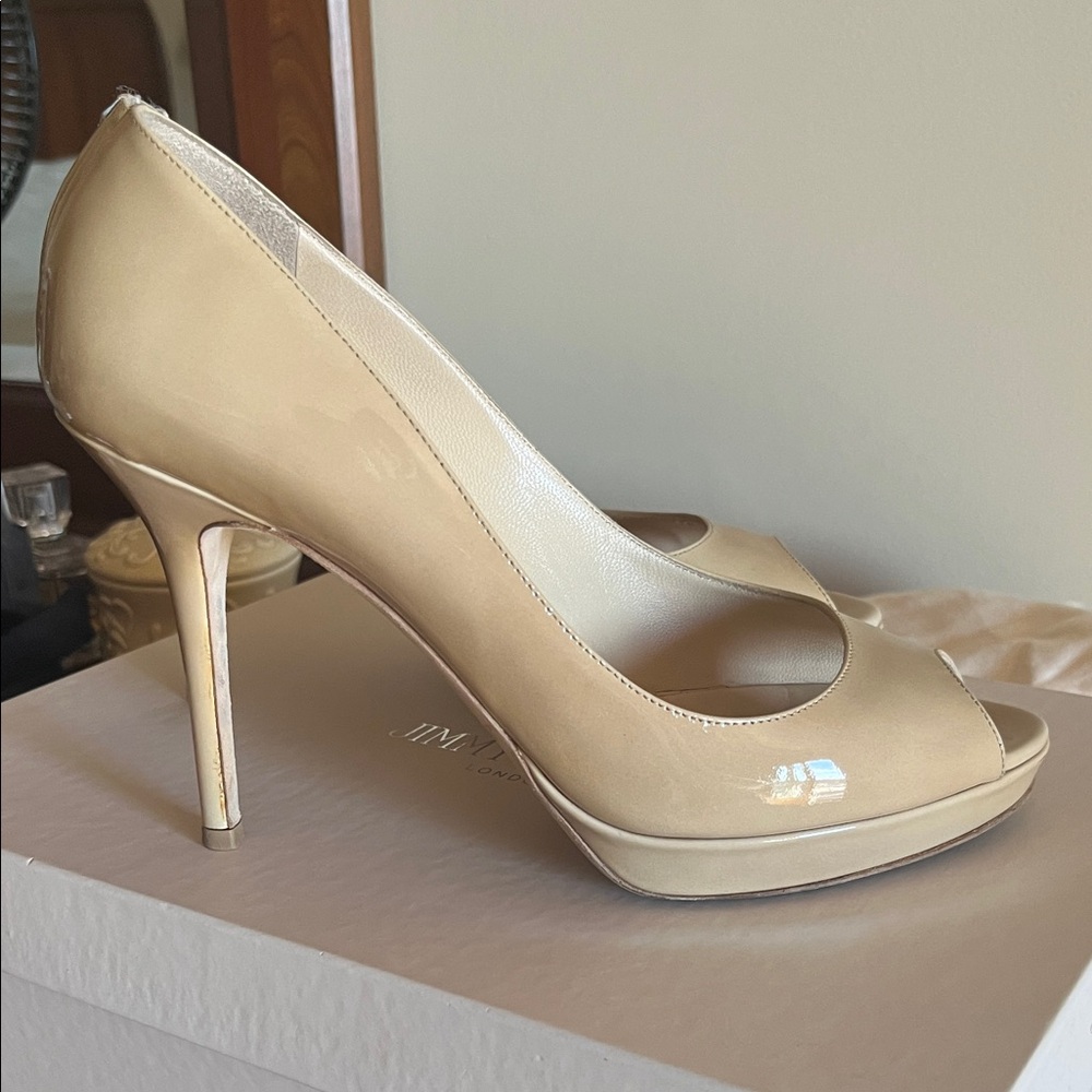 Jimmy Choo Beige Peep-Toe Stilettos